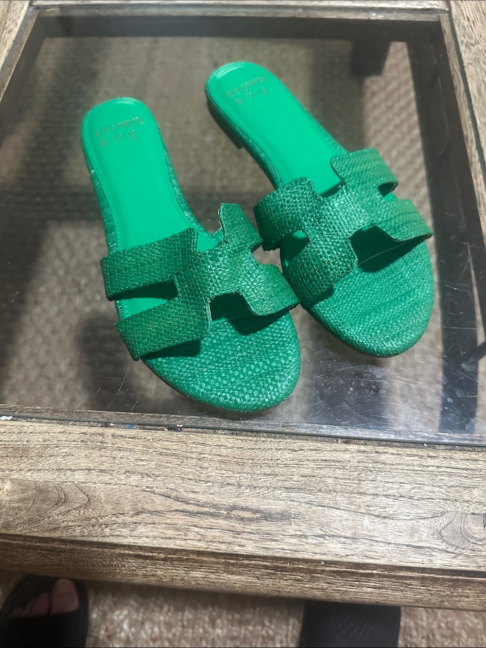 Crown & Ivy “Raven” Green Woven Slide Sandals - Women